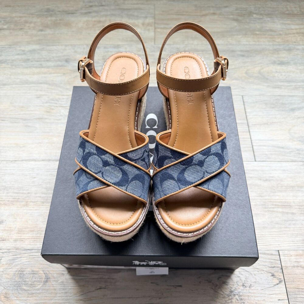 Coach Kimberly Signature Chambray Espadrille 7B Platform Sandals Wedge Strap